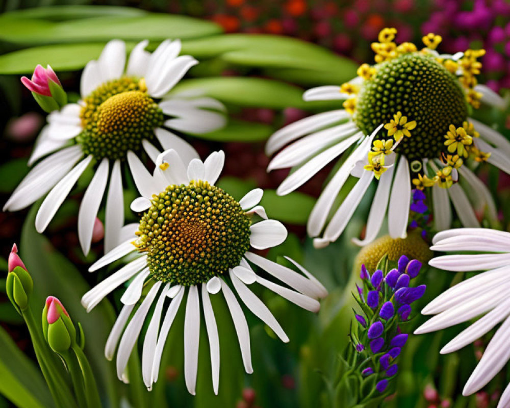 Lively garden with white daisies and colorful flowers