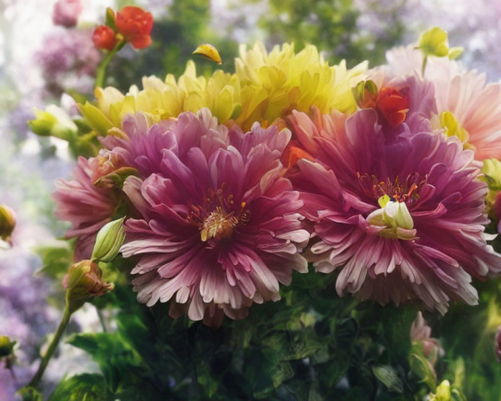 Pink and Yellow Flower Bouquet with Soft-focus Purple Blooms