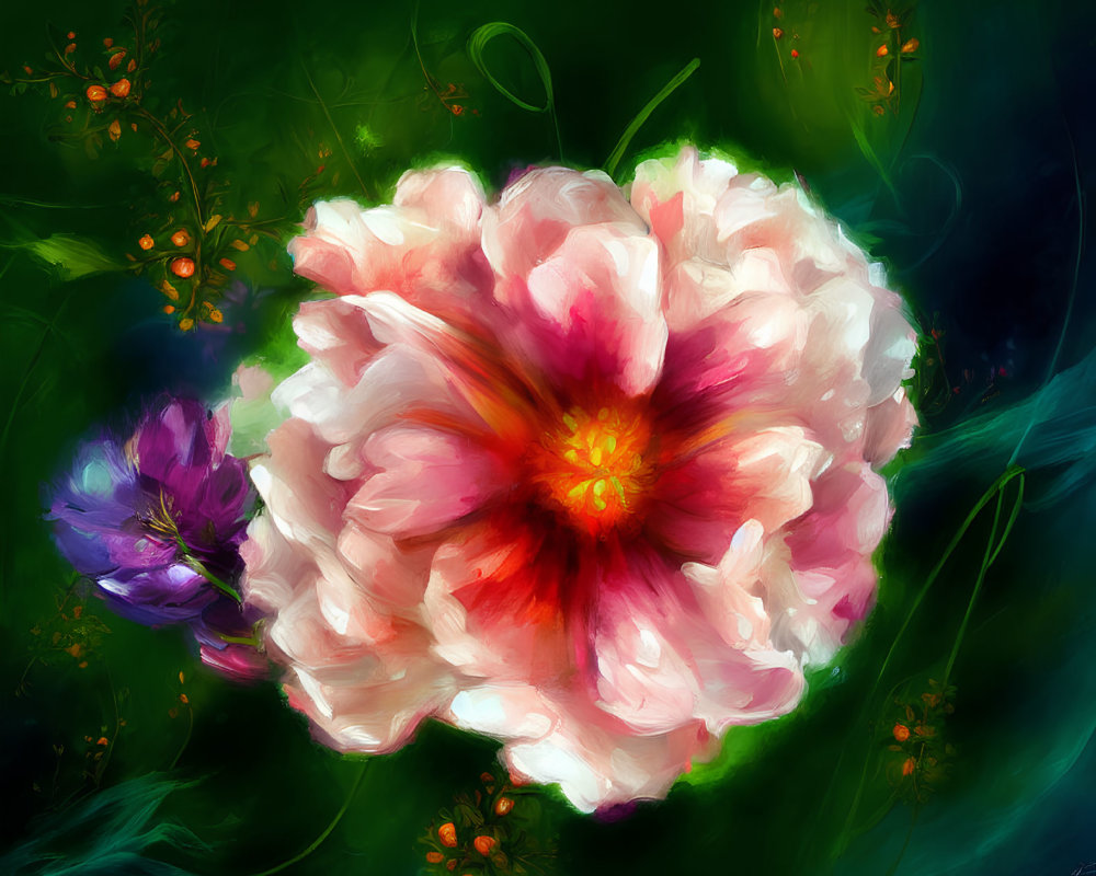 Vibrant blooming flower with luminous center in painterly style