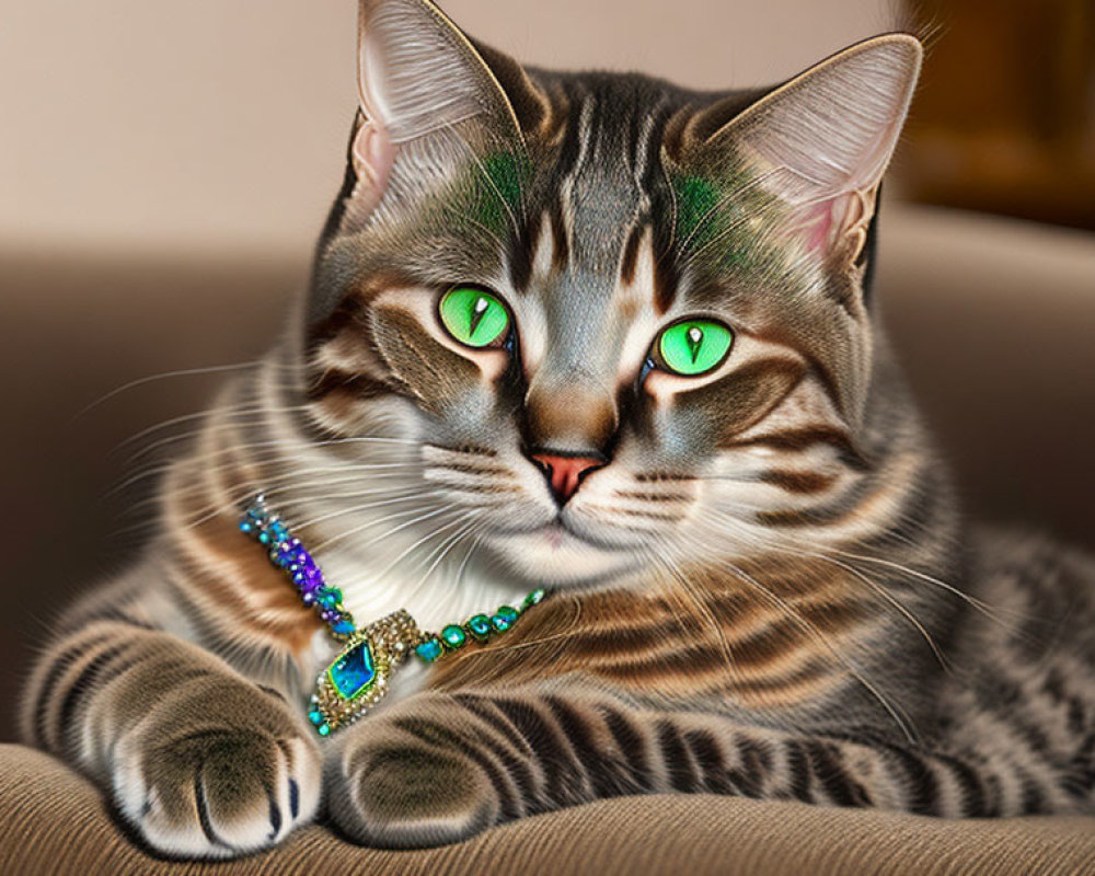 Tabby Cat with Green Eyes and Beaded Necklace on Soft Surface