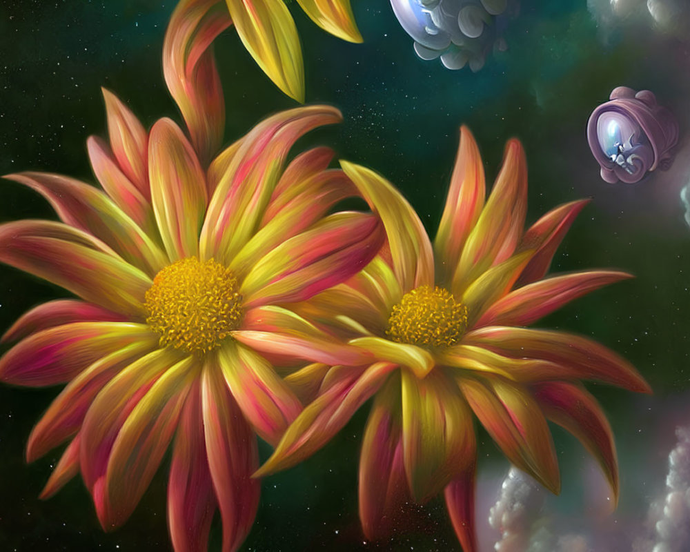 Colorful digital artwork: Large yellow and red flowers in space with floating orbs