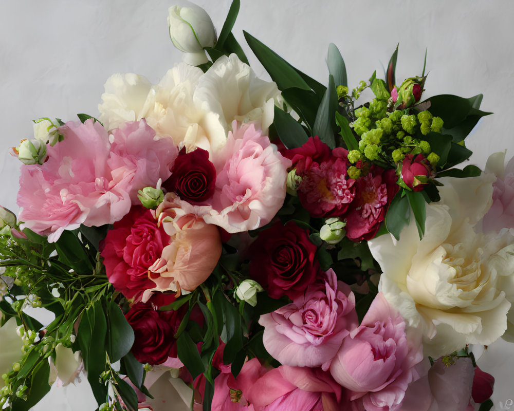 Colorful Roses and Peonies Bouquet on White Background