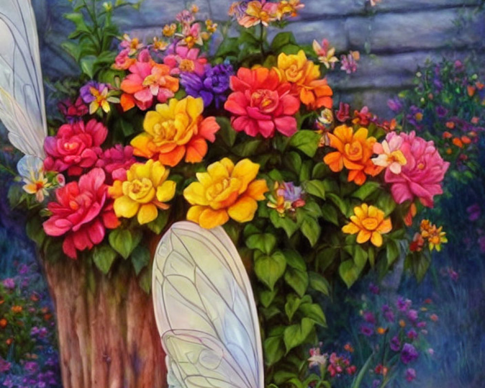 Colorful Flower Bouquet with Butterfly on Tree Stump against Stone Wall