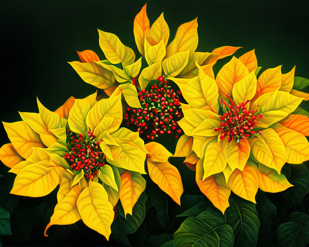 Bright Yellow Poinsettias and Red Berries on Dark Green Background