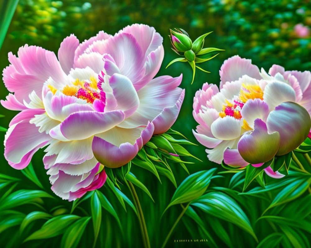 Detailed Pink and White Peony Flowers Illustration in Garden Setting