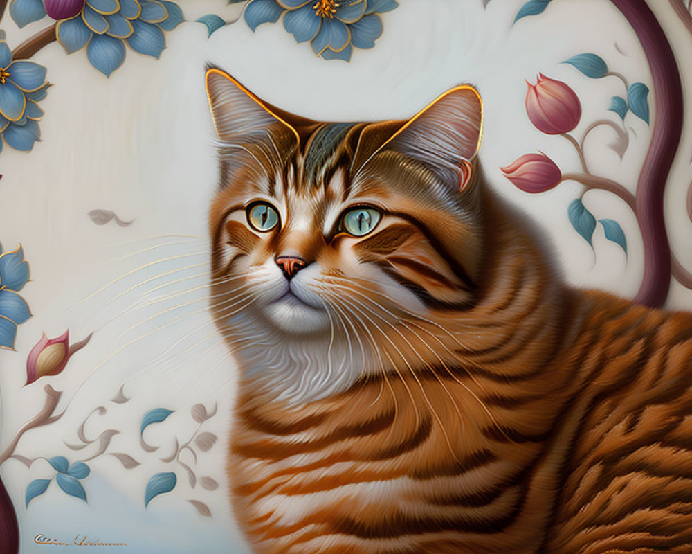 Detailed Illustration of Amber-Striped Cat with Green Eyes and Floral Patterns