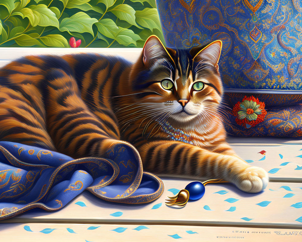 Striped cat next to blue vase on wooden bench with feather and bead, garden background