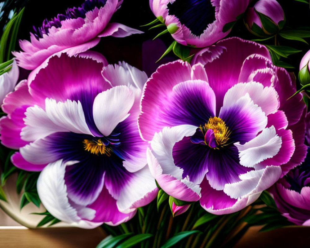 Vibrant Purple and White Tulips with Yellow Stamens on Wooden Background