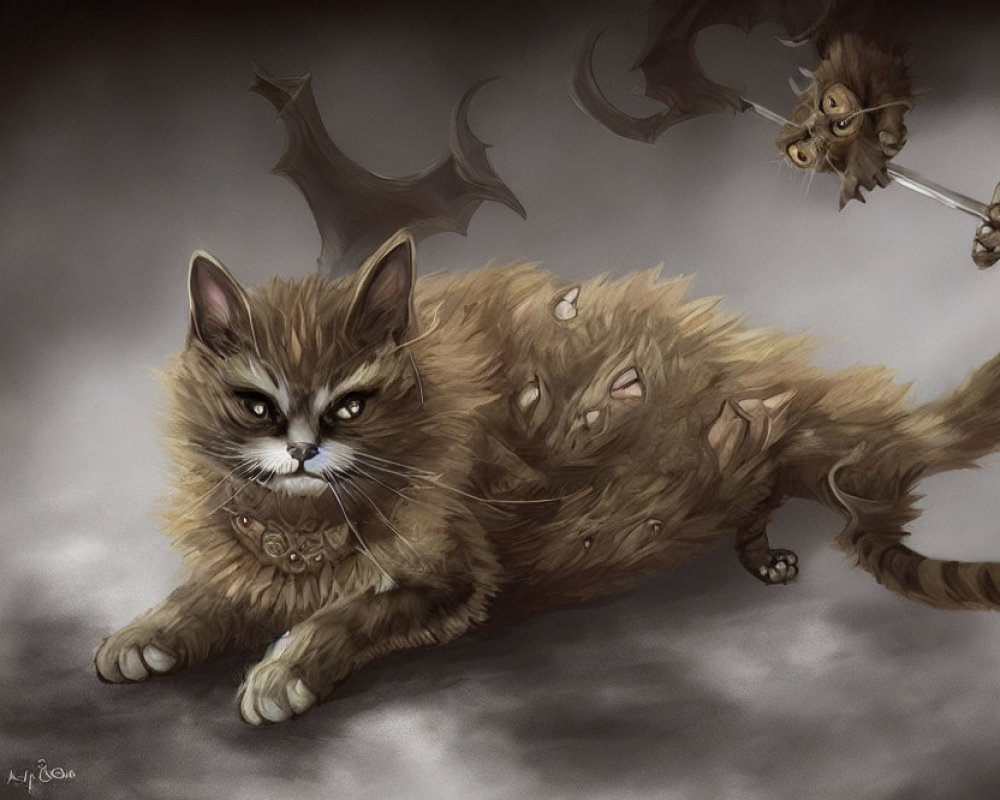 Fantastical cat with bat-like wings and multiple eyes surrounded by winged kittens.