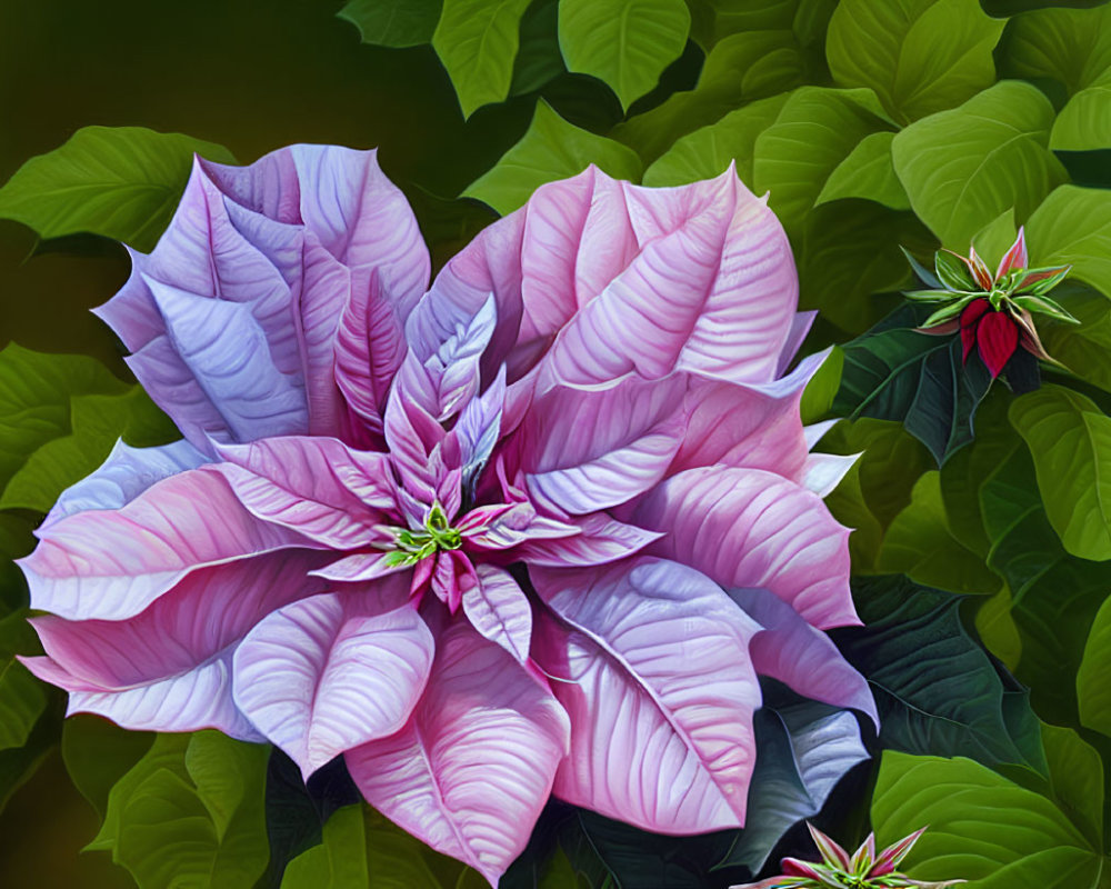 Detailed digital illustration of large pink poinsettia and green leaves.