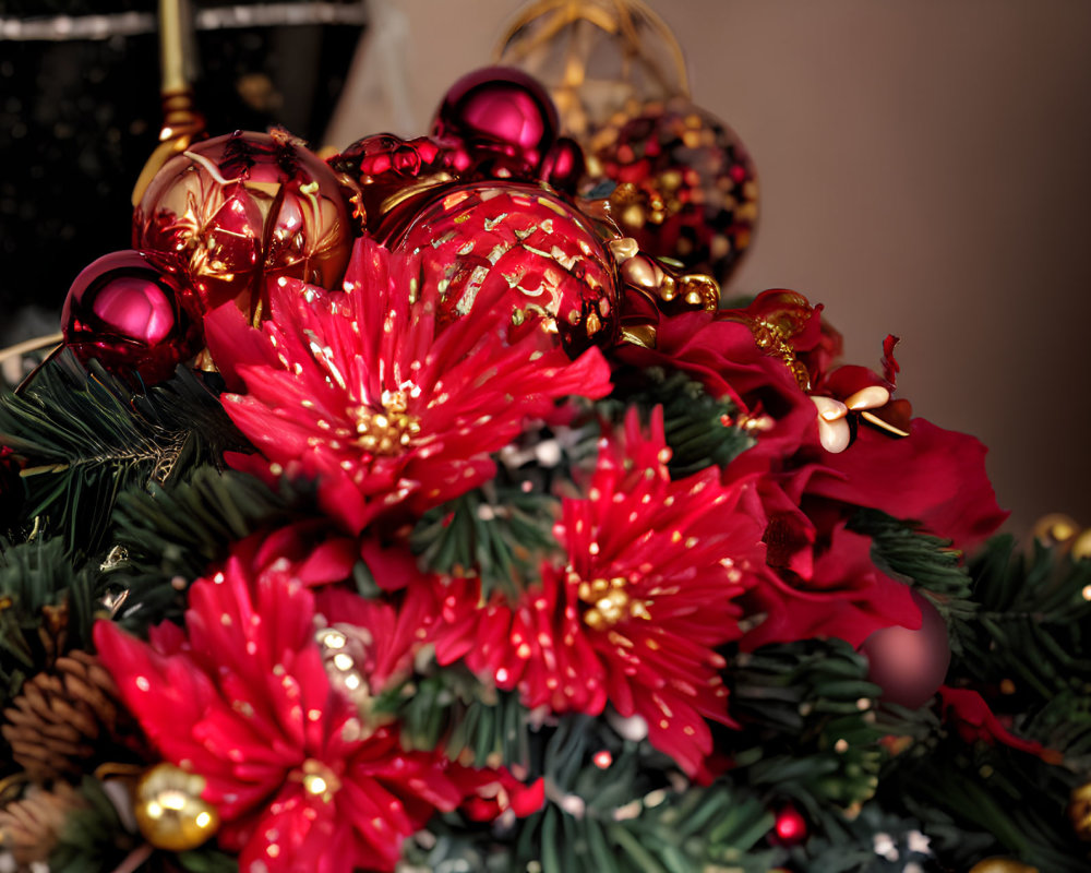 Festive holiday wreath with red poinsettias, gold and red baubles,