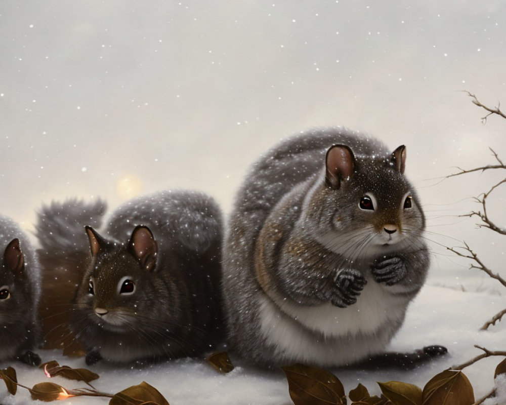 Three Snowy-Furred Squirrels in Winter Scene