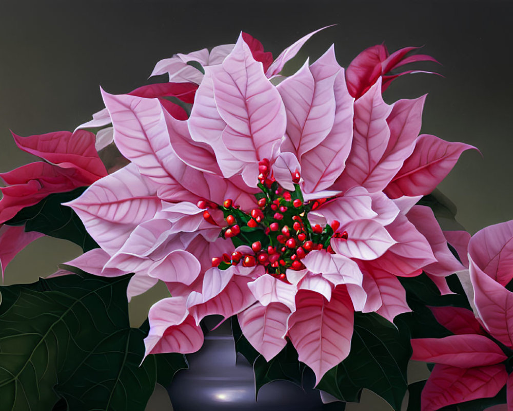 Pink and White Poinsettia in Dark Vase on Gray Background