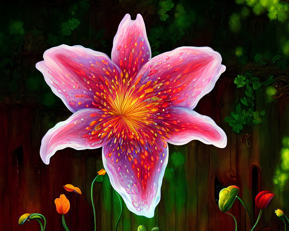 Colorful digital artwork of pink flower on dark wooden fence