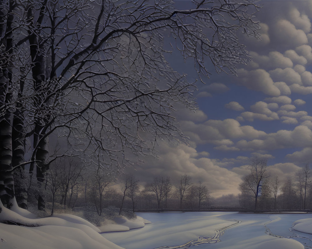 Snow-covered winter landscape with bare trees at dusk