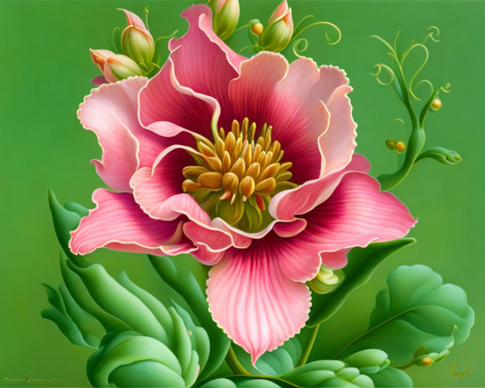 Detailed Pink Flower with Yellow Center on Green Background