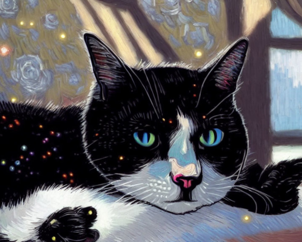 Black and white cat with blue eyes in Van Gogh-inspired painting