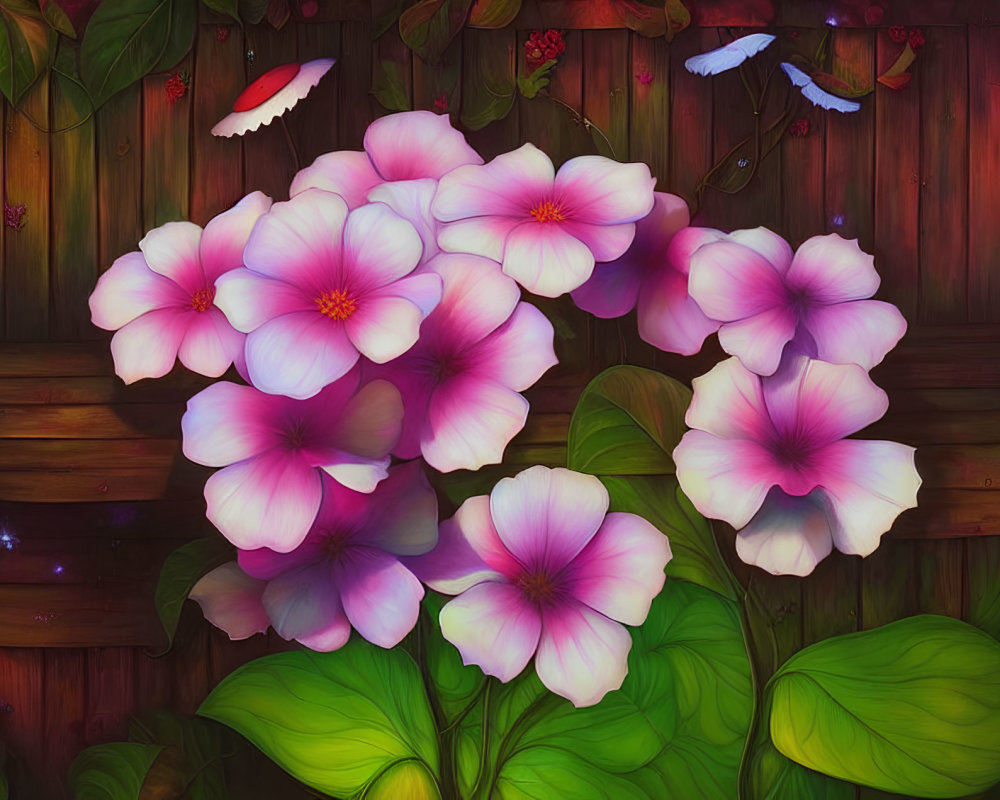 Colorful pink flowers on wooden background with butterflies and soft light effects