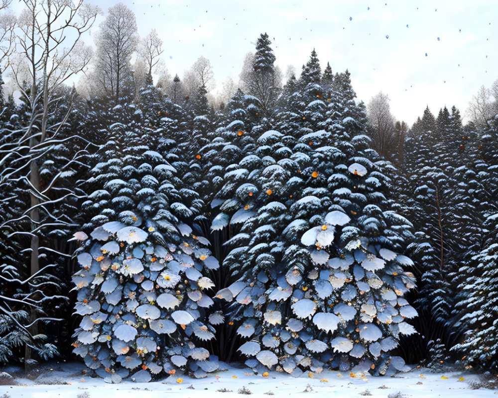 Winter forest scene with snow-covered fir trees, light snowfall, colorful leaves, and cloudy sky