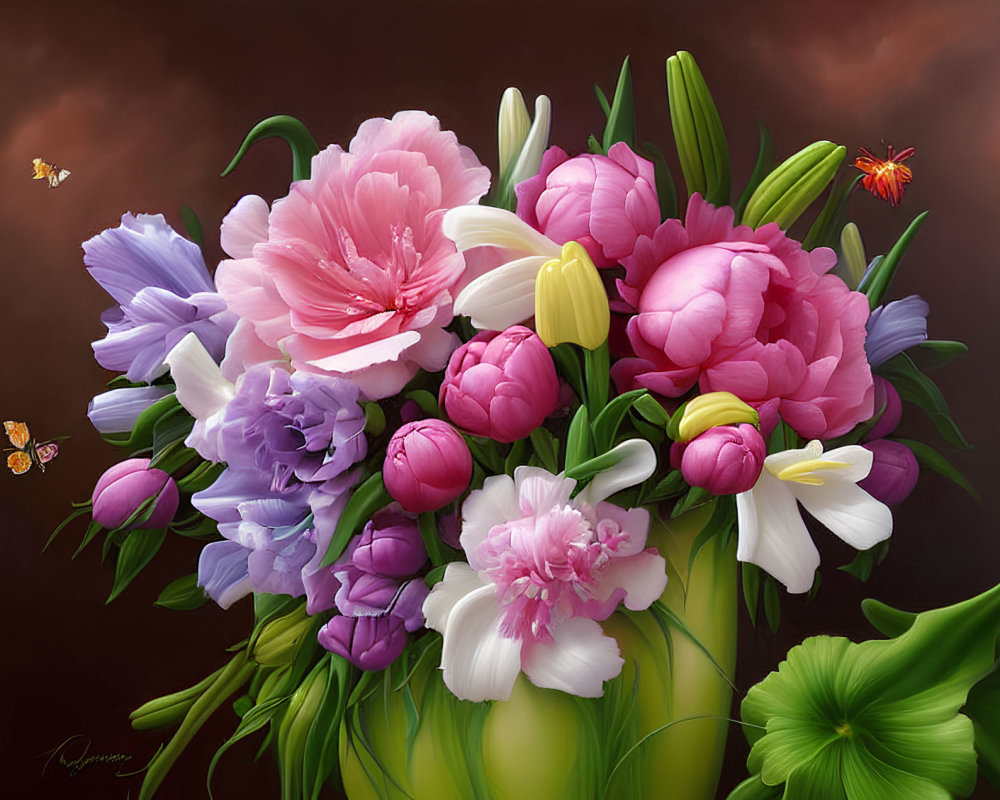 Colorful Peonies and Tulips with Butterfly on Dark Background