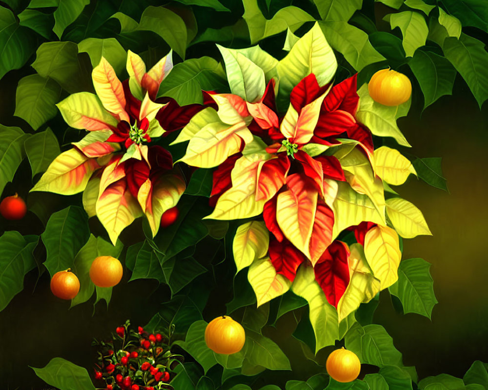 Colorful digital artwork featuring poinsettias with red and yellow variegated leaves and orange ba