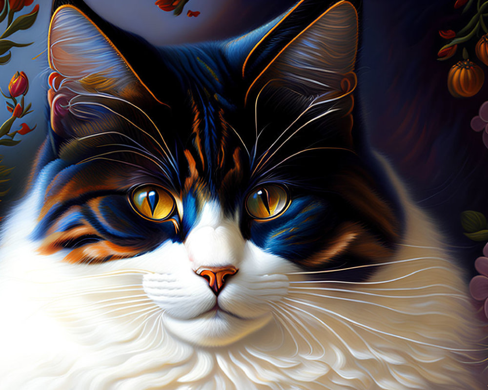 Colorful Calico Cat Digital Painting with Blue Eyes and Flowers