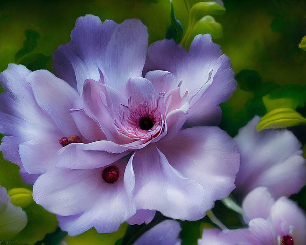 Delicate lavender flower with vivid pink center and soft-focus greenery