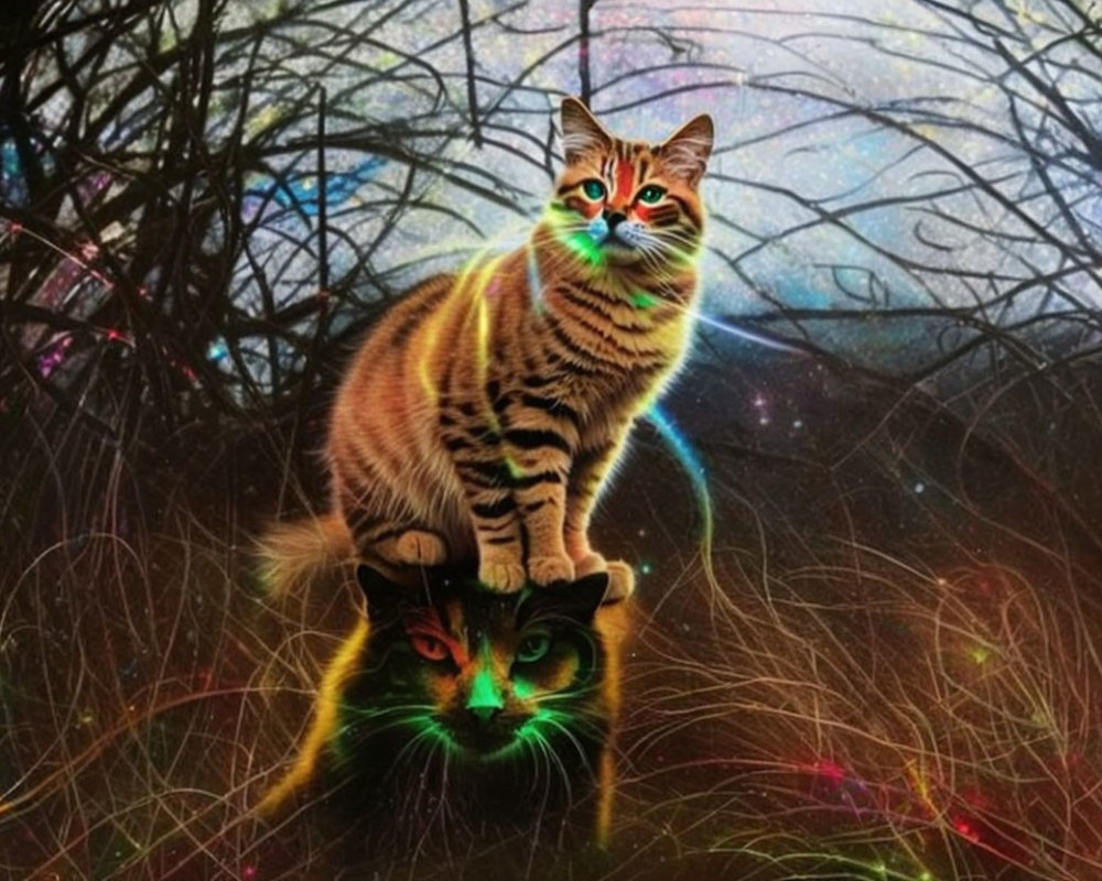 Colorful-eyed cat perched on cosmic reflection in digital art