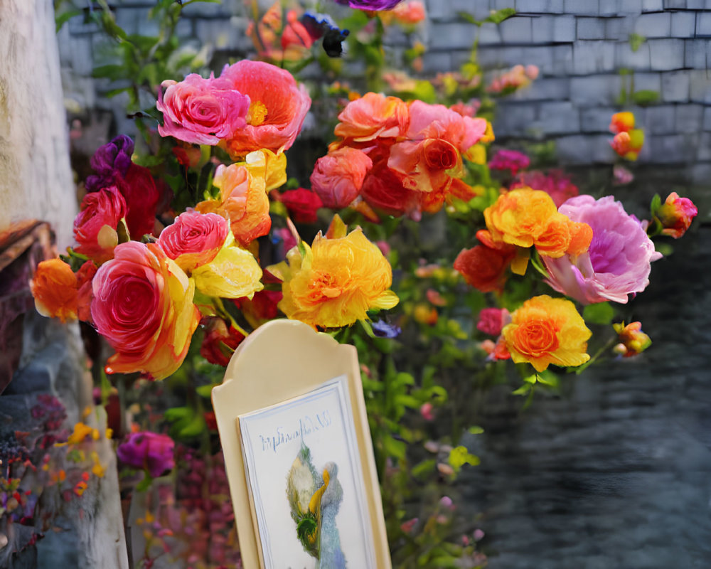 Colorful bouquet with vibrant roses and other flowers near a book with a rabbit illustration.