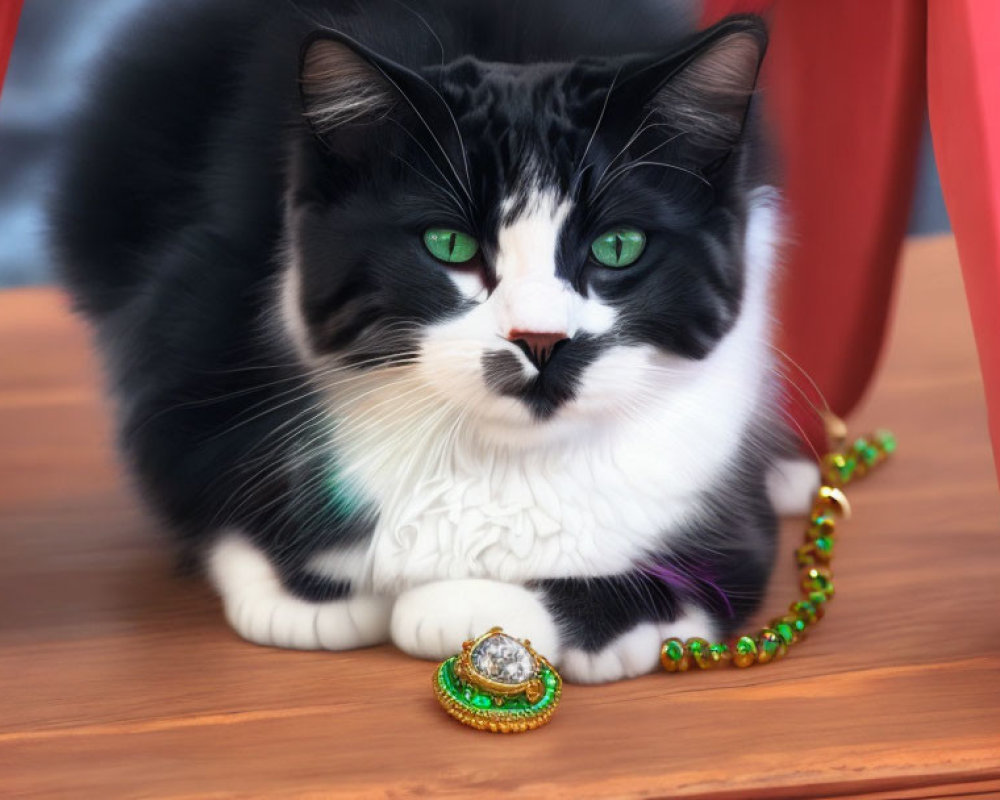 Black and white cat with green eyes playing under red chair with green beads and jeweled piece