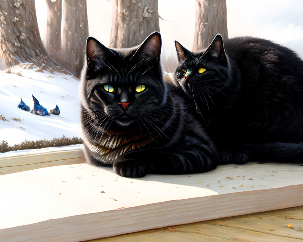 Two Black Cats with Yellow Eyes on Snowy Forest Ledge