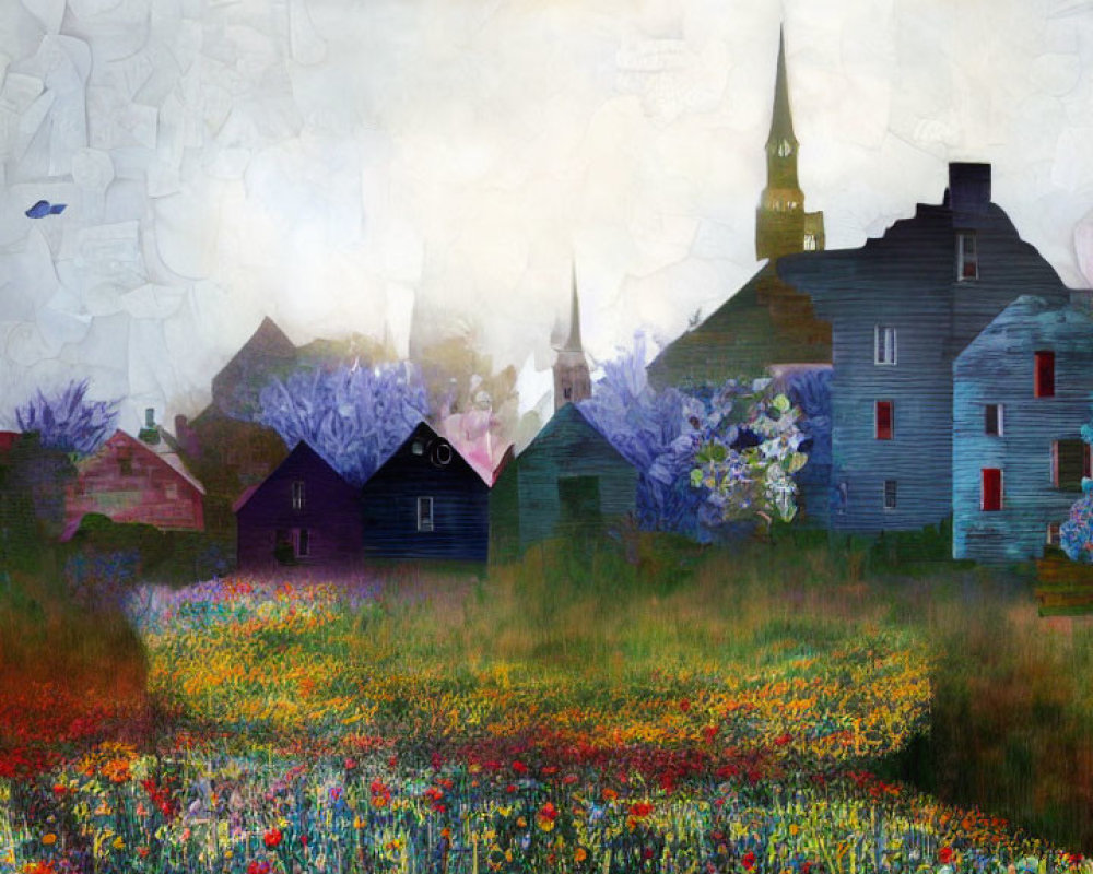 Colorful Impressionistic Painting of Quaint Village and Wildflowers