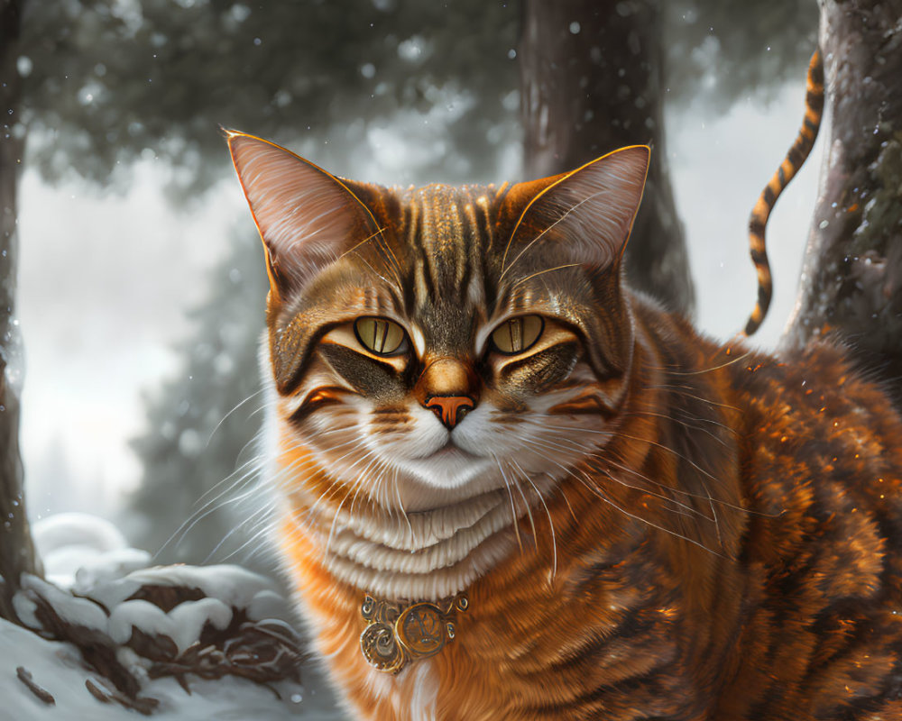 Orange Tabby Cat with Amber Eyes in Snowy Forest Setting