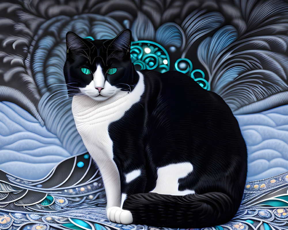 Black and White Cat with Green Eyes on Blue and White Patterned Background