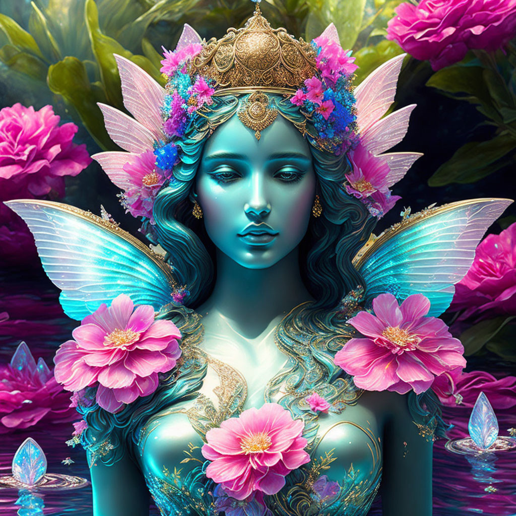 Blue-skinned woman with floral and butterfly adornments in a fantasy portrait