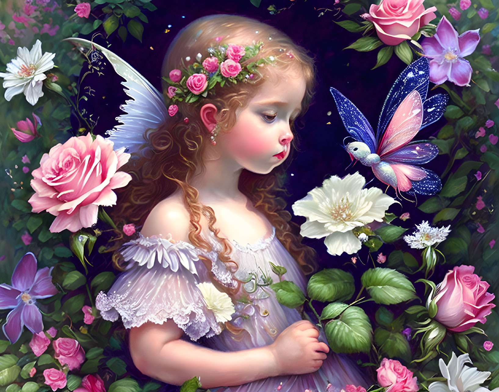 Young fairy in floral realm with vibrant flowers and butterfly.