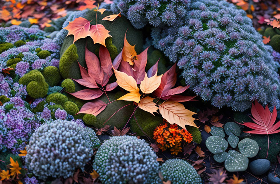 Autumn leaves, green moss, flowers, and succulents create rich natural tapestry