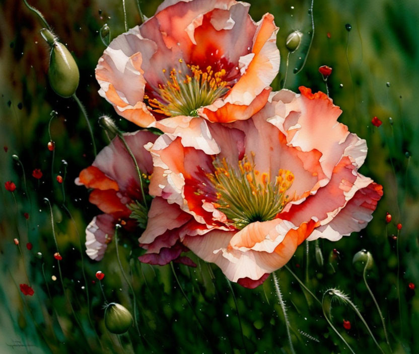 Colorful Poppy Flowers with White and Pink Petals and Orange Centers in Nature