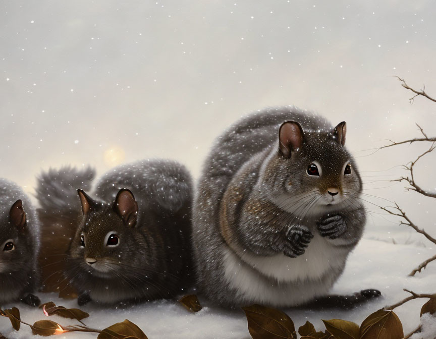 Three Snowy-Furred Squirrels in Winter Scene