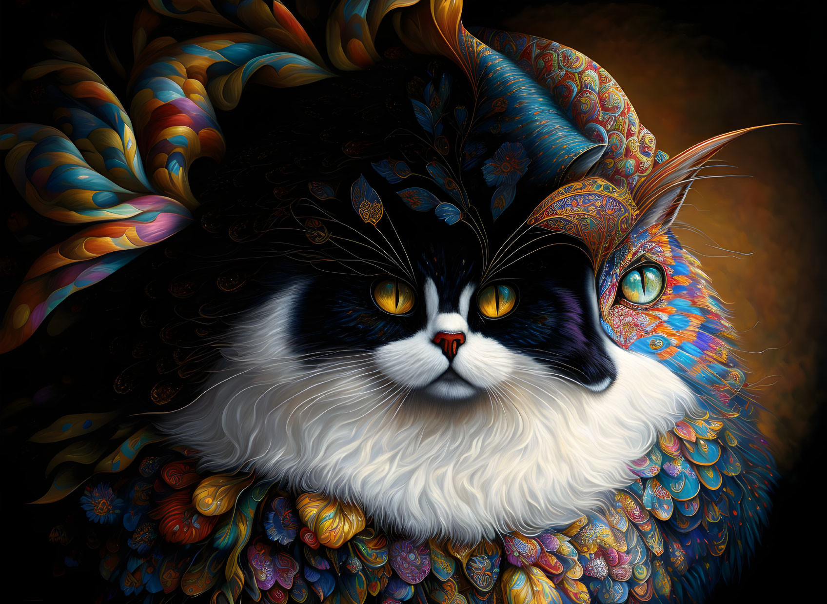 Colorful Feathered Cat Artwork with Intricate Details