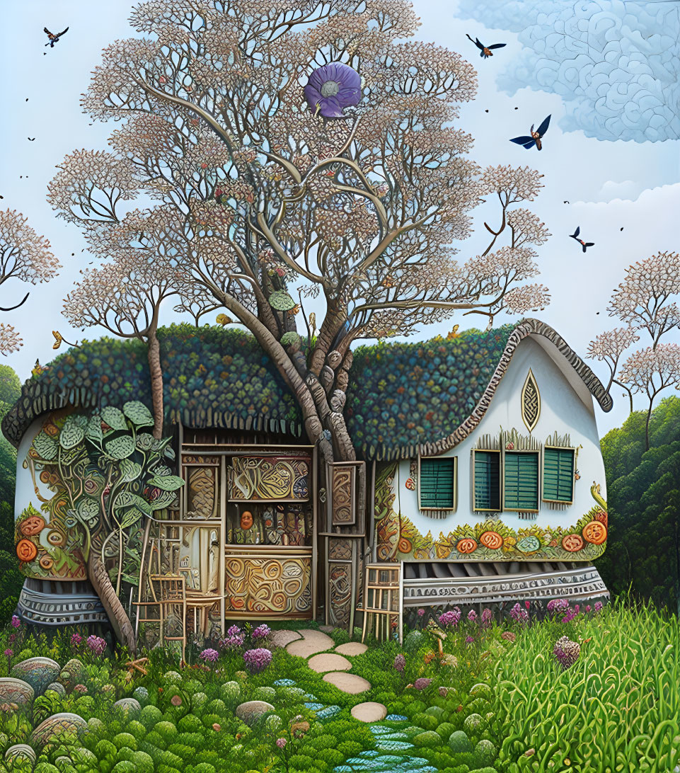 Whimsical illustration of cozy cottage in lush garden