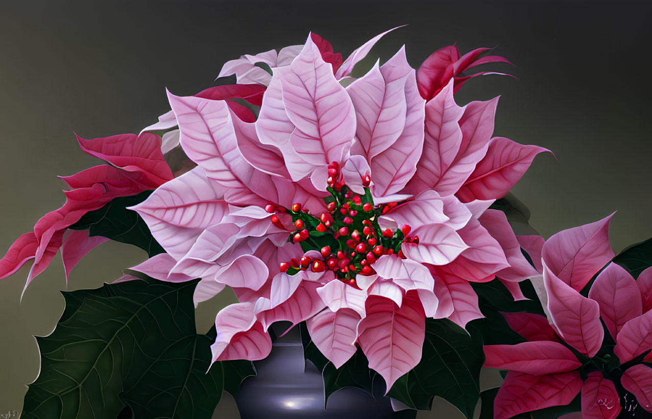 Pink and White Poinsettia in Dark Vase on Gray Background