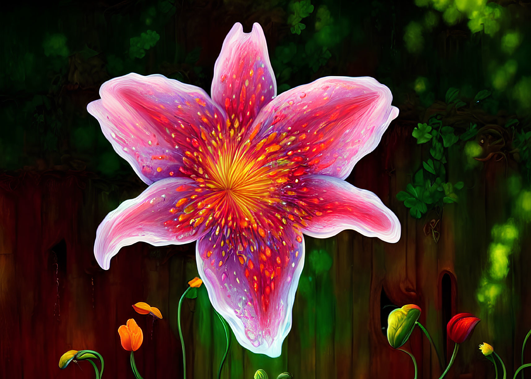 Colorful digital artwork of pink flower on dark wooden fence