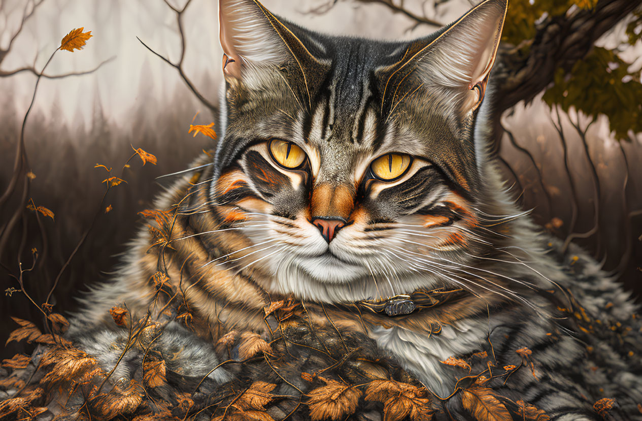 Detailed Tabby Cat Illustration with Yellow Eyes in Autumn Setting