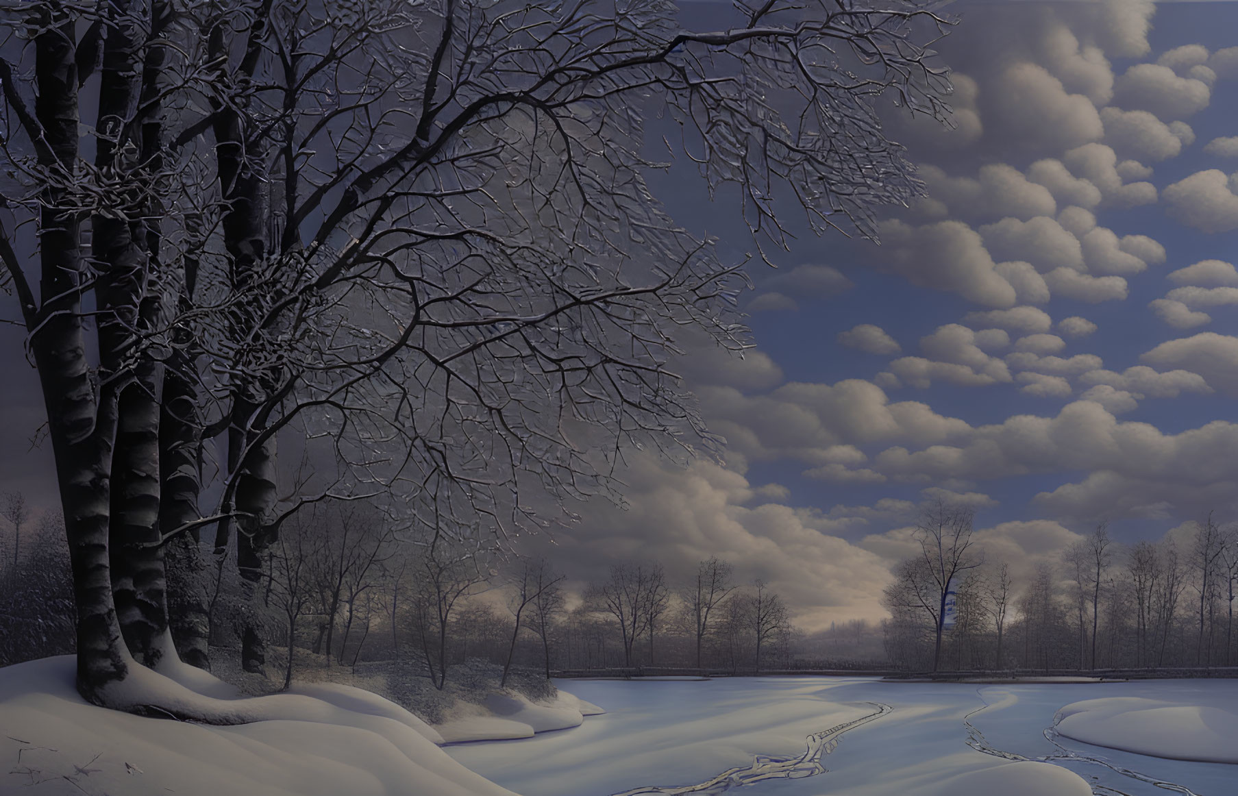 Snow-covered winter landscape with bare trees at dusk