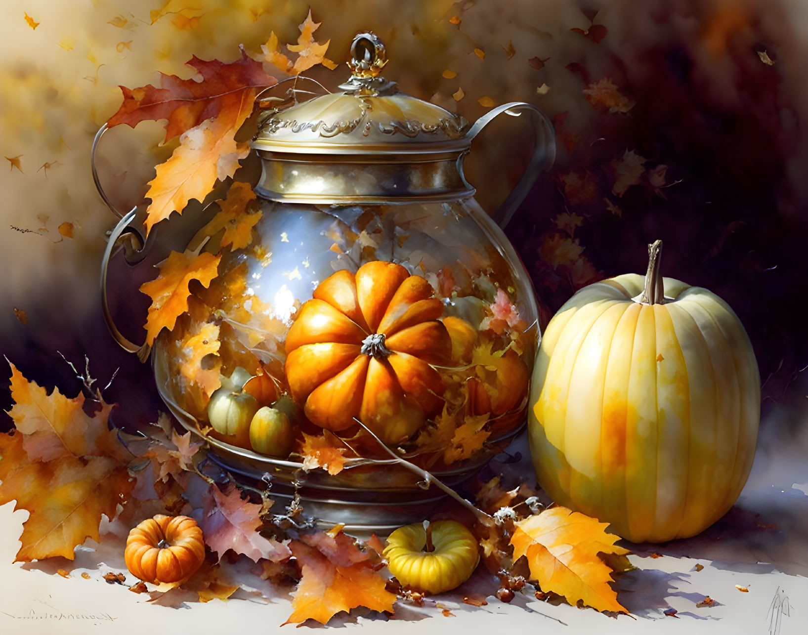 Silver teapot with autumn leaves and pumpkins - Seasonal Decor Display