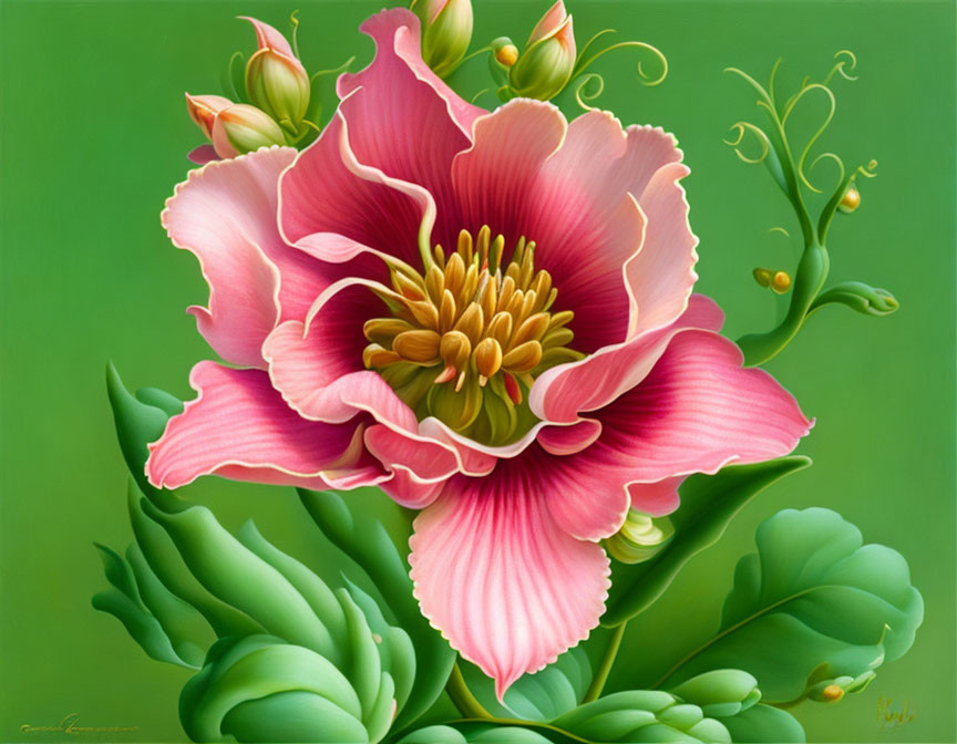 Detailed Pink Flower with Yellow Center on Green Background