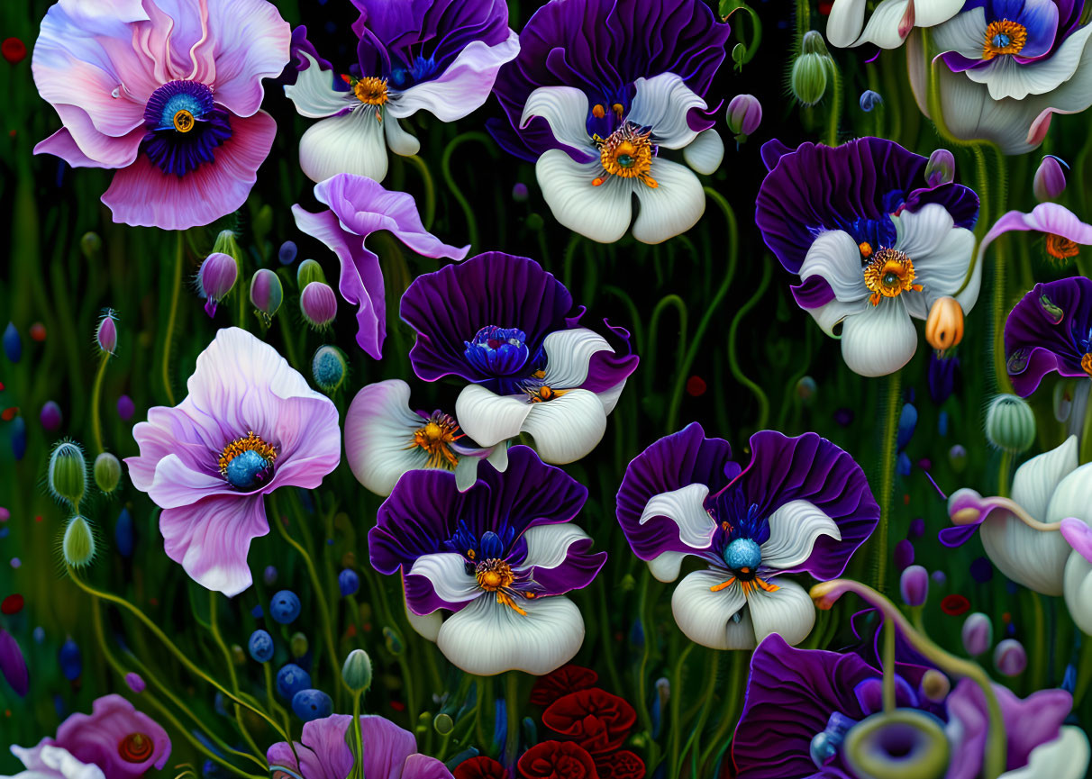 Colorful purple and pink flower arrangement with intricate patterns and green foliage