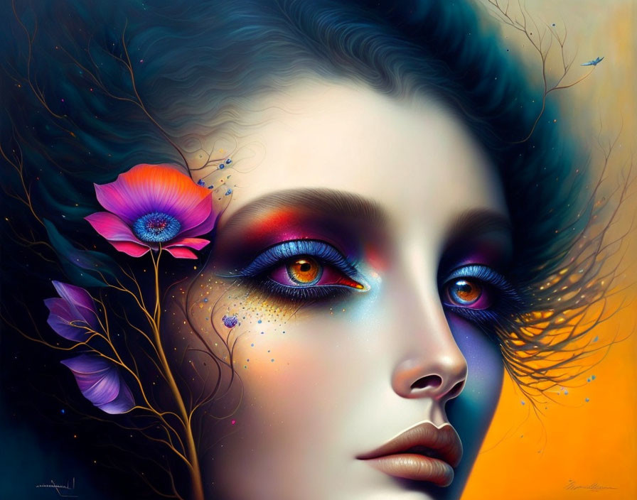 Colorful digital artwork of a woman with flowing hair and vibrant makeup.