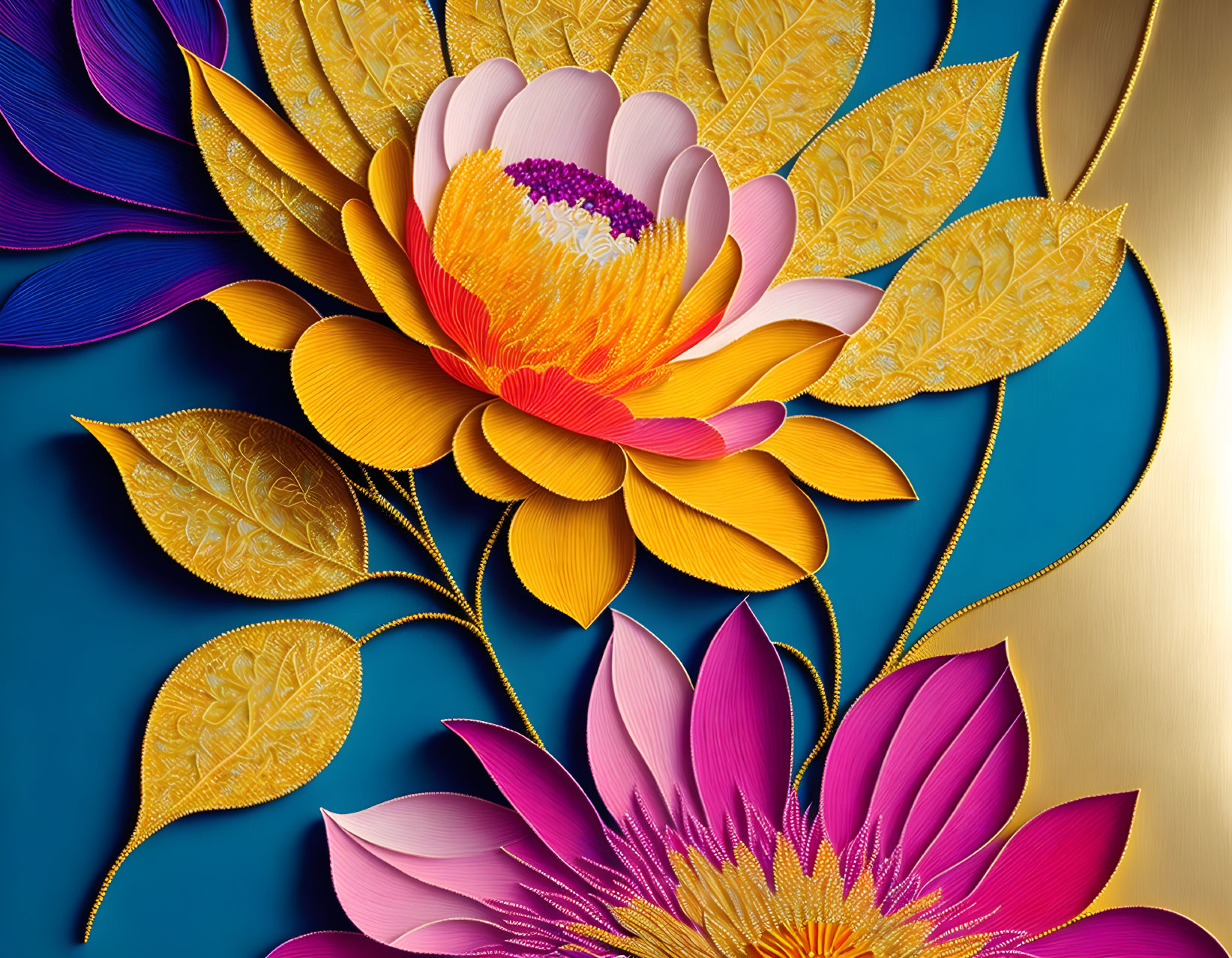 Colorful digital artwork: Stylized lotus flowers with gold and multicolored petals on blue